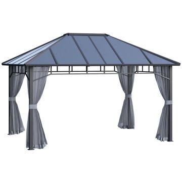 Outsunny Pavilion cu acoperis rigid din policarbonat 4 x 3 (m), Pergola cu cadru din aluminiu cu plasa, pentru gradina, veranda, Gri