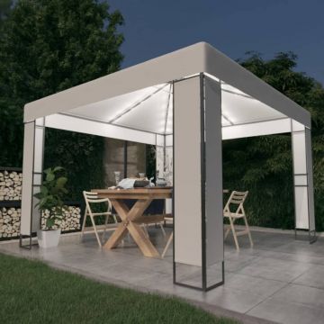 Pavilion cu acoperiș dublu & șiruri de lumini LED, alb, 3x3 m