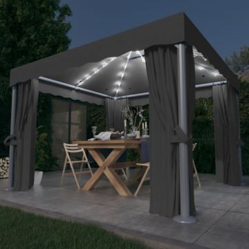 Pavilion cu perdele & șiruri lumini LED, antracit, 3x3 m