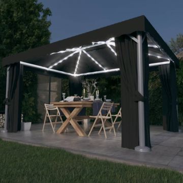 vidaXL Pavilion cu perdele & șiruri lumini LED, antracit, 4x3 m