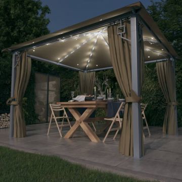 vidaXL Pavilion cu perdele&șiruri lumini LED gri taupe 3x3 m aluminiu