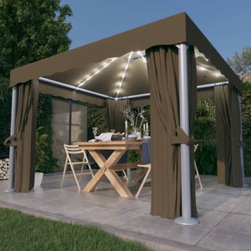 Pavilion cu perdea & șir de lumini LED, gri taupe, 3x3 m