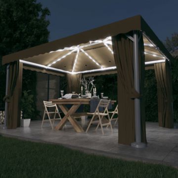 Pavilion cu perdea & șir de lumini LED, gri taupe, 4x3 m