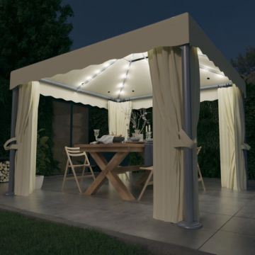 Pavilion cu perdele & șiruri lumini LED, alb crem, 3x3 m