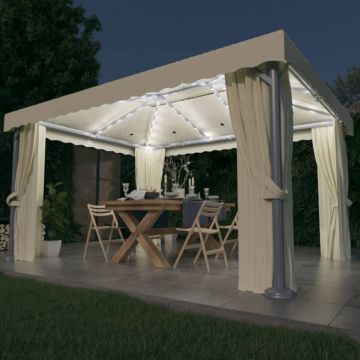 Pavilion cu perdele & șiruri lumini LED, alb crem, 4x3 m