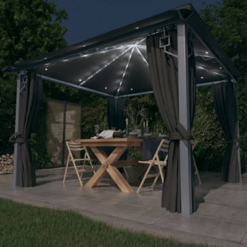 Pavilion cu perdele & șiruri lumini LED antracit 3x3 m aluminiu