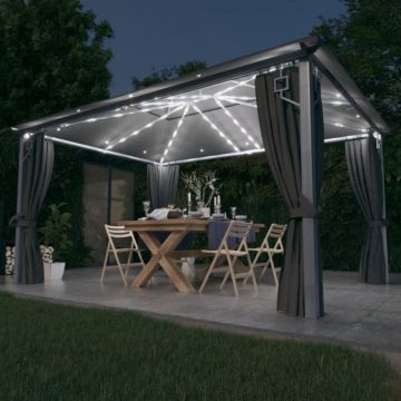 Pavilion cu perdele & șiruri lumini LED antracit 4x3m aluminiu