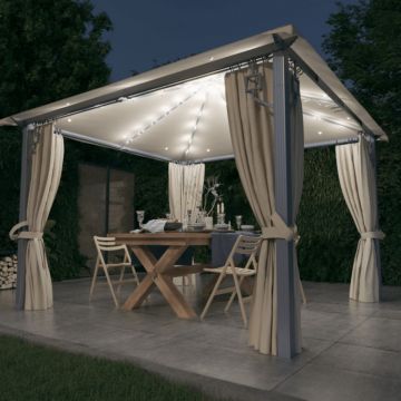 Pavilion cu perdele & șiruri lumini LED, crem, 3x3 m, aluminiu