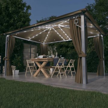 Pavilion cu perdele&șiruri lumini LED gri taupe 4x3m aluminiu