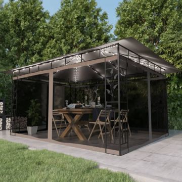 Pavilion cu plasă anti-țânțari&lumini LED,gri taupe, 4x3x2,73 m