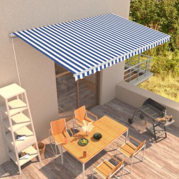 Copertină retractabilă manual, albastru și alb, 500 x 300 cm