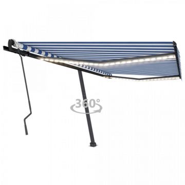 Copertină retractabilă manual cu LED, albastru&alb, 450x300 cm