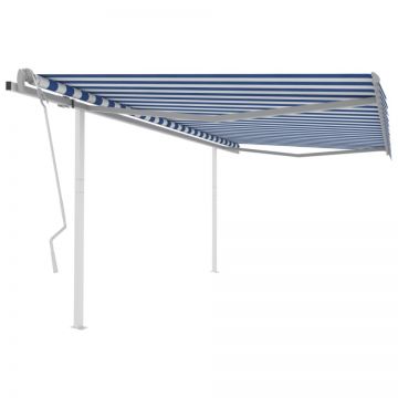 Copertină retractabilă manual, cu stâlpi, albastru/alb, 4x3 m