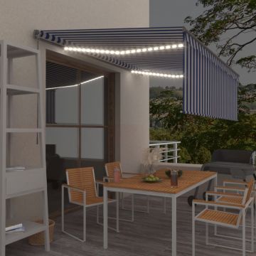 Copertină retractabilă manual cu stor&LED, albastru&alb, 4,5x3m