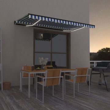 Copertină retractabilă manual LED, albastru și alb, 450x300 cm