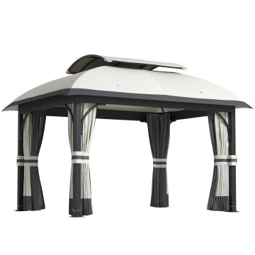 Outsunny Pavilion de Grădină cu Perdele, Plasă, Acoperiș Ventilat și Cadru Metalic Galvanizat, 395x330x294 cm, Gri | Aosom Romania