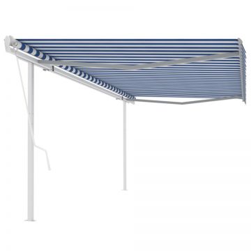 Copertină retractabilă automat, cu stâlpi, albastru&alb 5x3,5 m