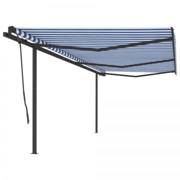 Copertină retractabilă automat cu stâlpi, albastru&alb, 6x3,5 m