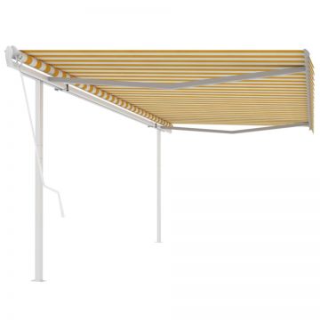 Copertină retractabilă automat, cu stâlpi, galben&alb 5x3,5 m