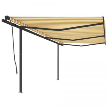 Copertină retractabilă automat, cu stâlpi, galben&alb, 6x3,5 m
