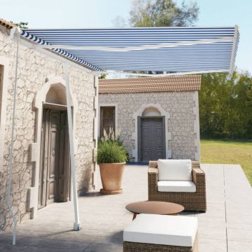 Copertină retractabilă manual, albastru/alb, 300x250 cm