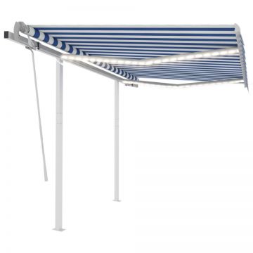 Copertină retractabilă manual cu LED, albastru&alb, 3x2,5 m