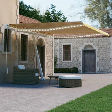 Copertină retractabilă manual cu LED, galben și alb, 450x300 cm