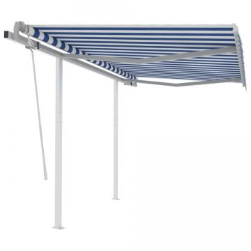 Copertină retractabilă manual cu stâlpi, albastru/alb, 3x2,5 m