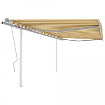 Copertină retractabilă manual,cu stâlpi, galben și alb, 4,5x3 m