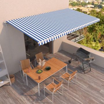 Copertină retractabilă automat, albastru și alb, 600x350 cm