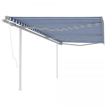 Copertină retractabilă automat, cu stâlpi, albastru&alb 6x3,5 m