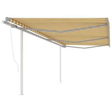 Copertină retractabilă automat, cu stâlpi, galben&alb, 6x3,5 m