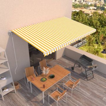 Copertină retractabilă automat, galben și alb, 500x300 cm