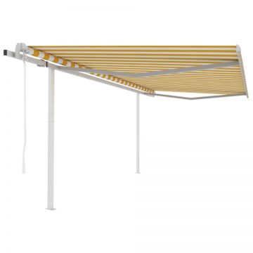 Copertină retractabilă automat, stâlpi, galben&alb, 4,5x3,5 m
