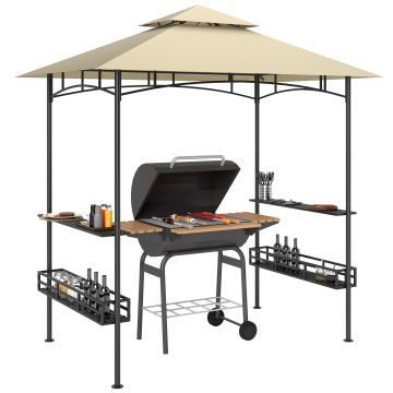 Outsunny Cort de Grătar, Cort de BBQ, Foisor de Grădină cu 2 Rafturi, Coșuri de Depozitare, Carlige, pentru Terasă, Bej | Aosom Romania