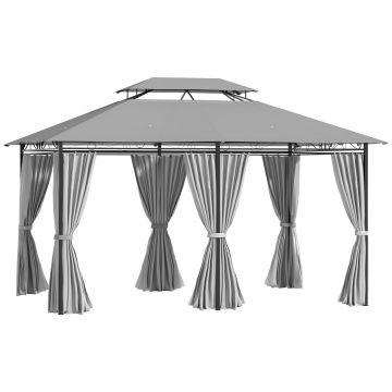 Outsunny Gazebo 4x3 m cu 6 Perdele și Acoperiș cu 2 Niveluri, din Oțel și Poliester, Gri Închis | Aosom Romania
