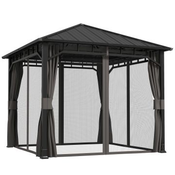 Outsunny Pavilion 3 x 3 m impermeabil stabil rezistent la iarnă pavilion de grădină cu părți laterale, plase, cârlige, acoperiș rigid Gri închis | Aosom Romania