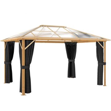 Outsunny Pavilion de grădină cca. 4x3 m Aluminiu cu acoperiș din policarbonat 6 mm, plasă anti-țânțari, 4 laterale, aspect lemn, Lemn natural | Aosom Romania