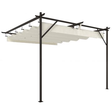 Outsunny Pergolă Adosată 3x3 m cu Acoperiș Retractabil, Orificii de Drenaj, Pergolă de Grădină din Poliester și Oțel, pentru Terasă, Exterior, UV30+, Alb Crem | Aosom Romania