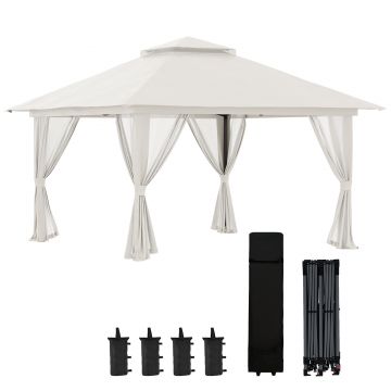 Outsunny Tonela de grădină pop-up pliabilă cu acoperiș dublu protecție UV 50+ cu 4 plase de țânțari cu fermoar 4 x 4 m Alb | Aosom Romania