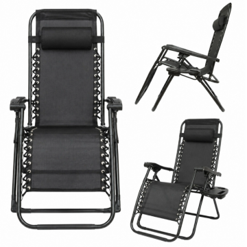 Sezlong pentru gradina metalic pliabil negru max 120 kg, 160x65x92 cm